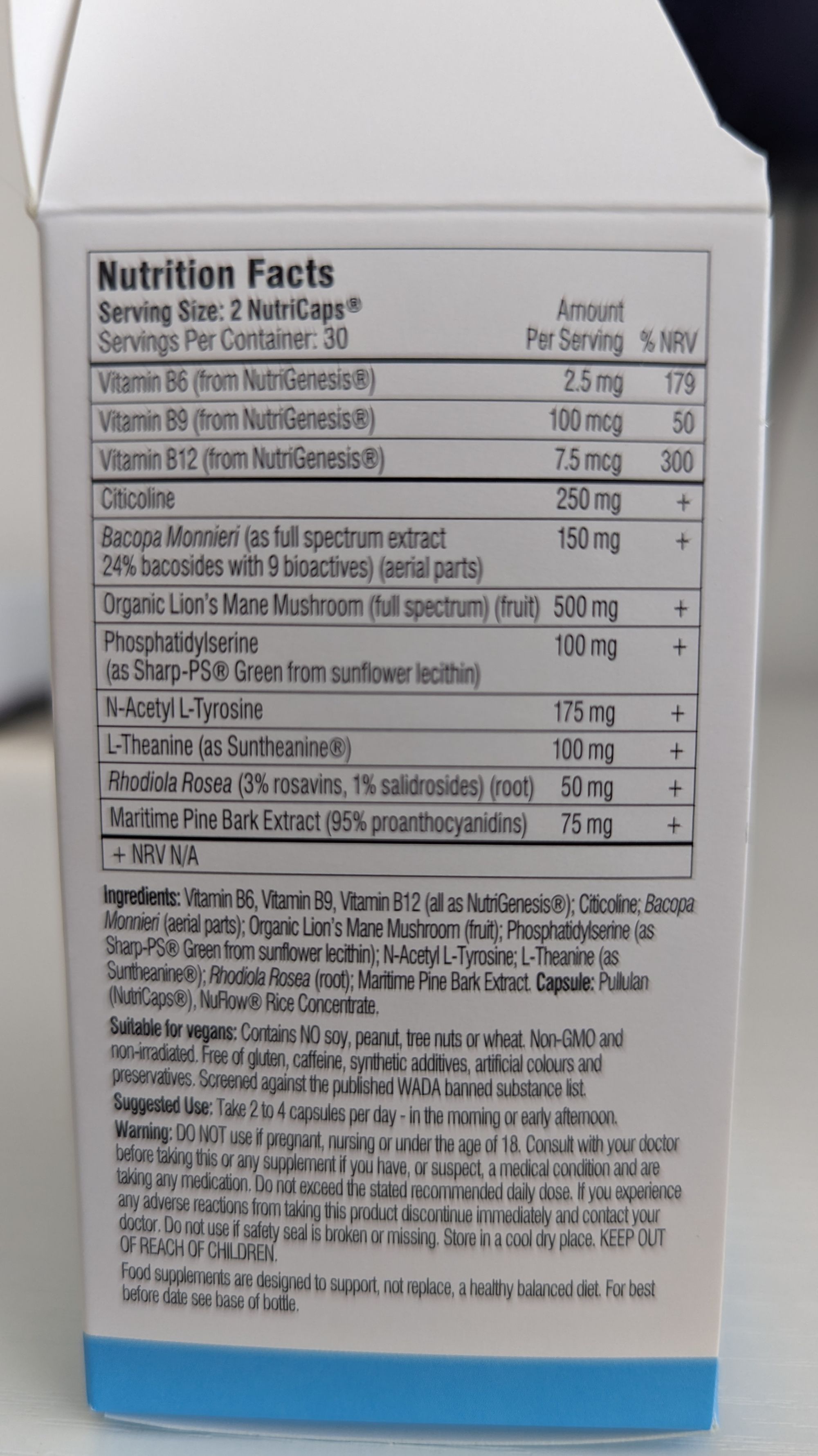 Mind Lab Pro's ingredients on the box label.